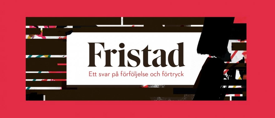 Texten Fristad, ett svar på förföljelse och förtryck mot röd bakgrund