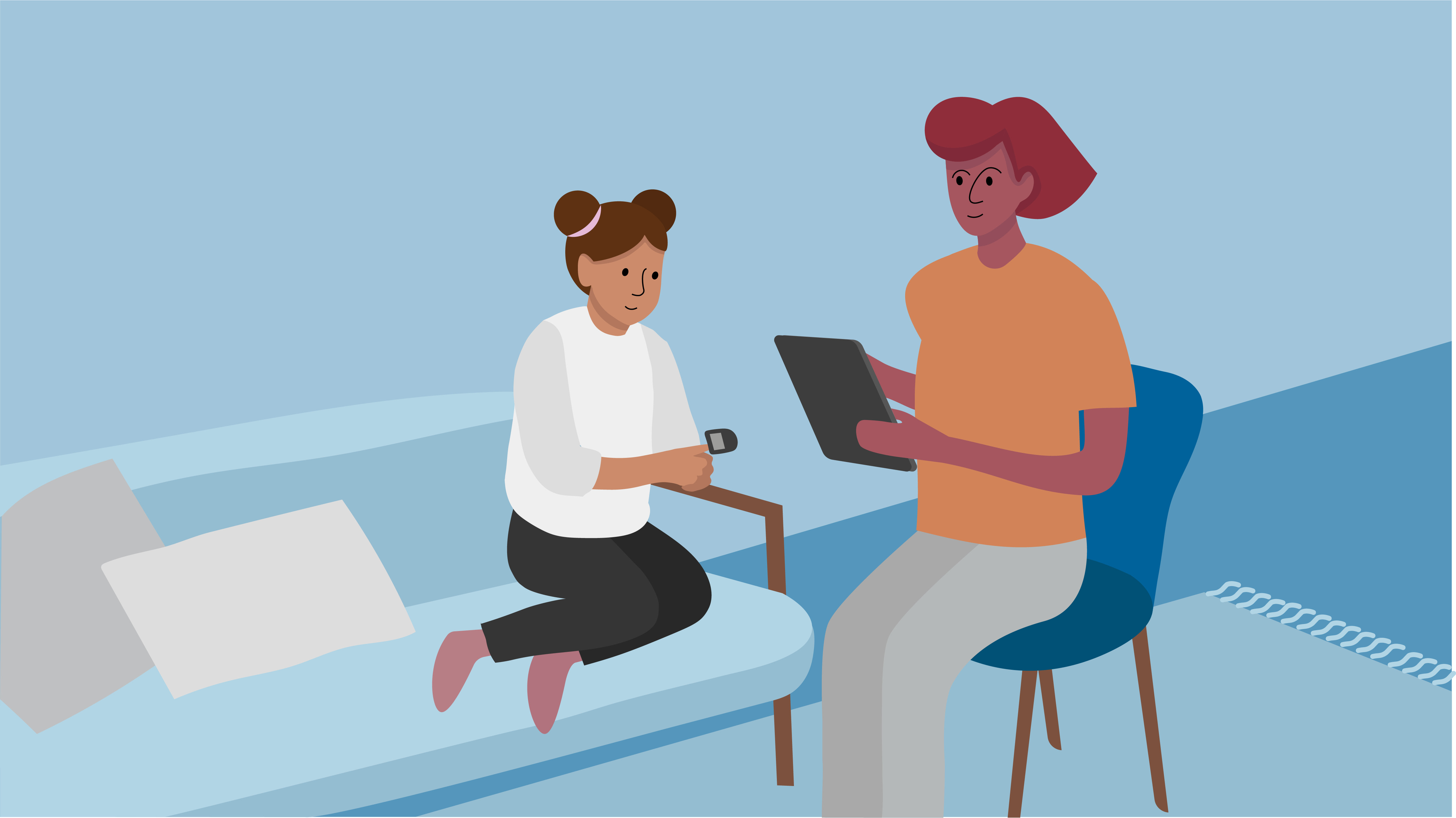 Ett barn har en blodtrycksmätare på fingret och får hjälp att monitoreras