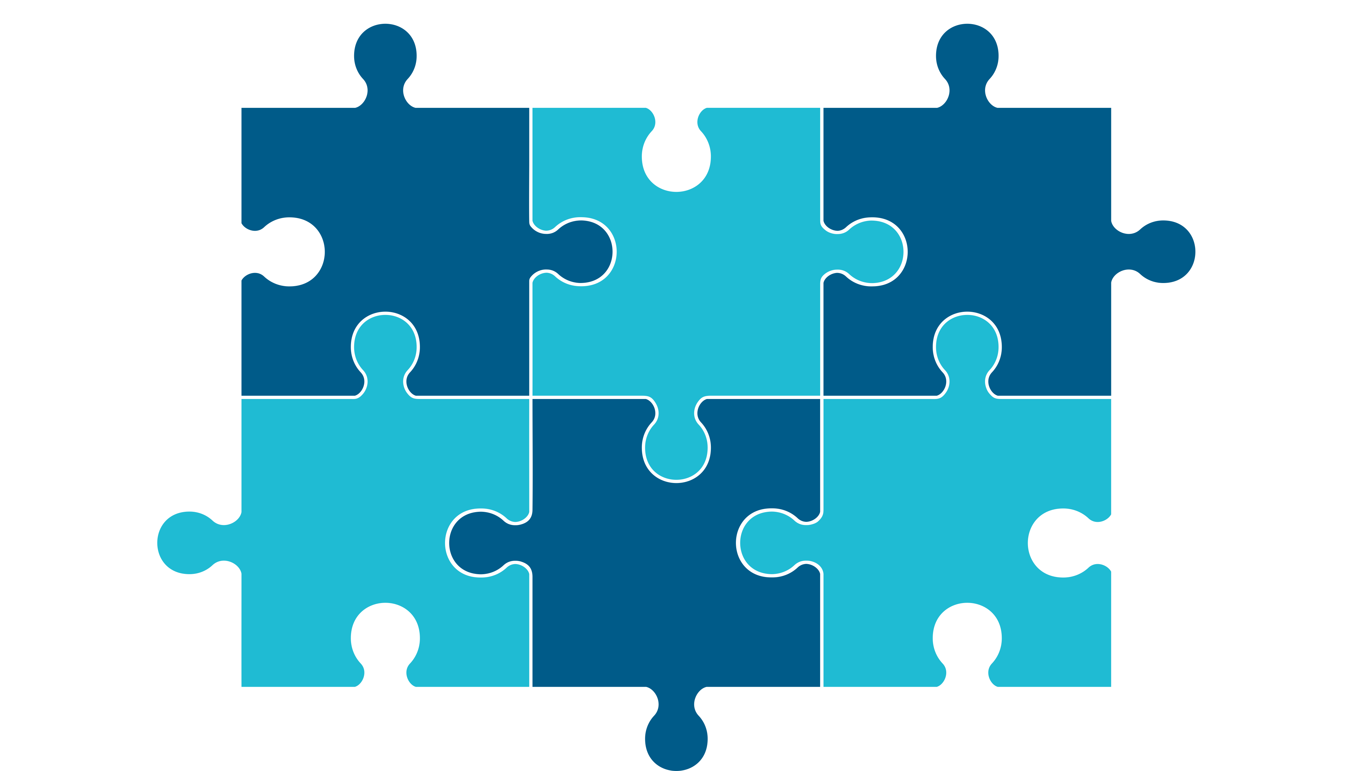 Illustration av sex pusselbitar i två olika blå nyanser.