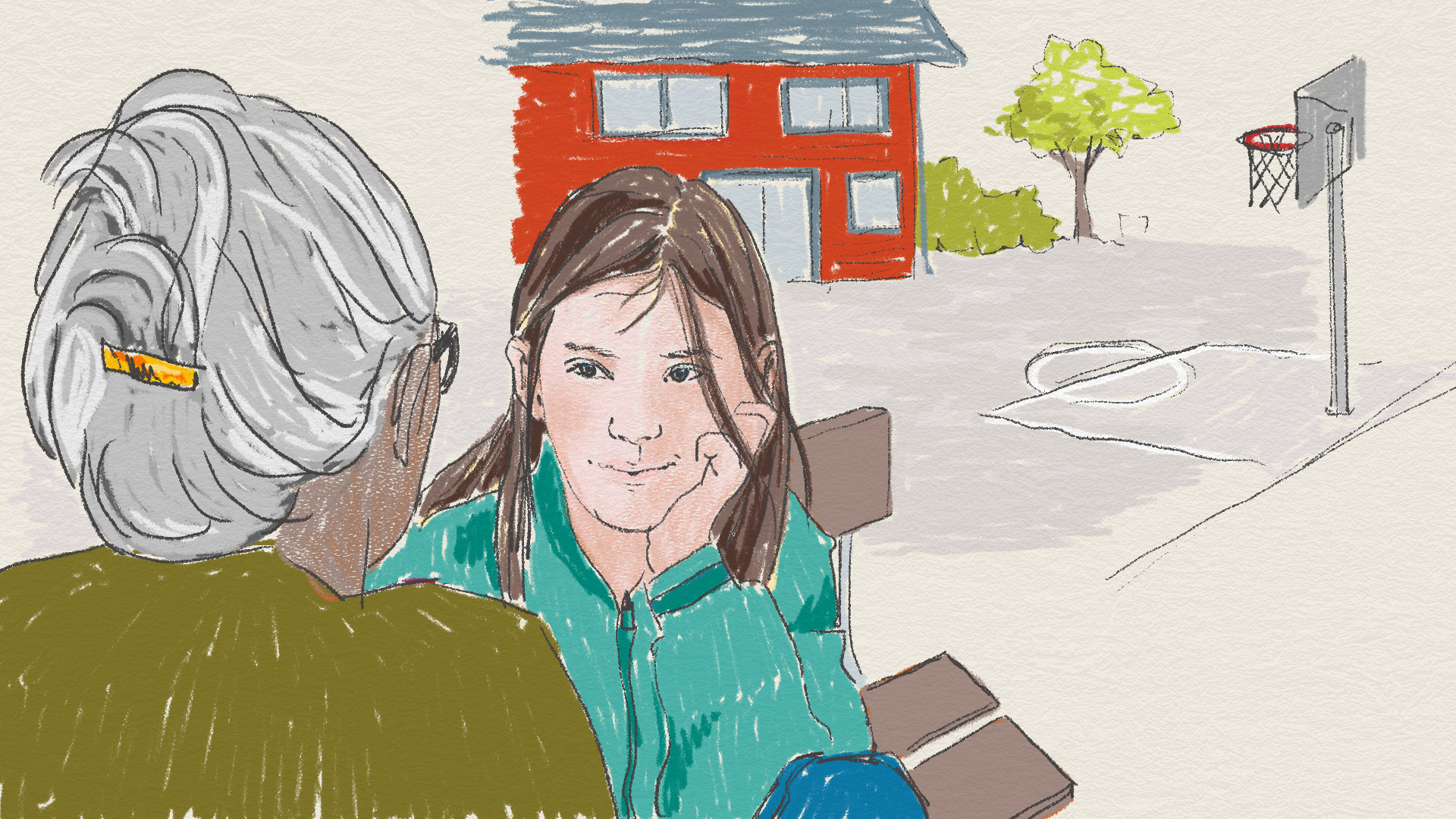 Vuxen och barn sitter på bänk vid skolgård.
