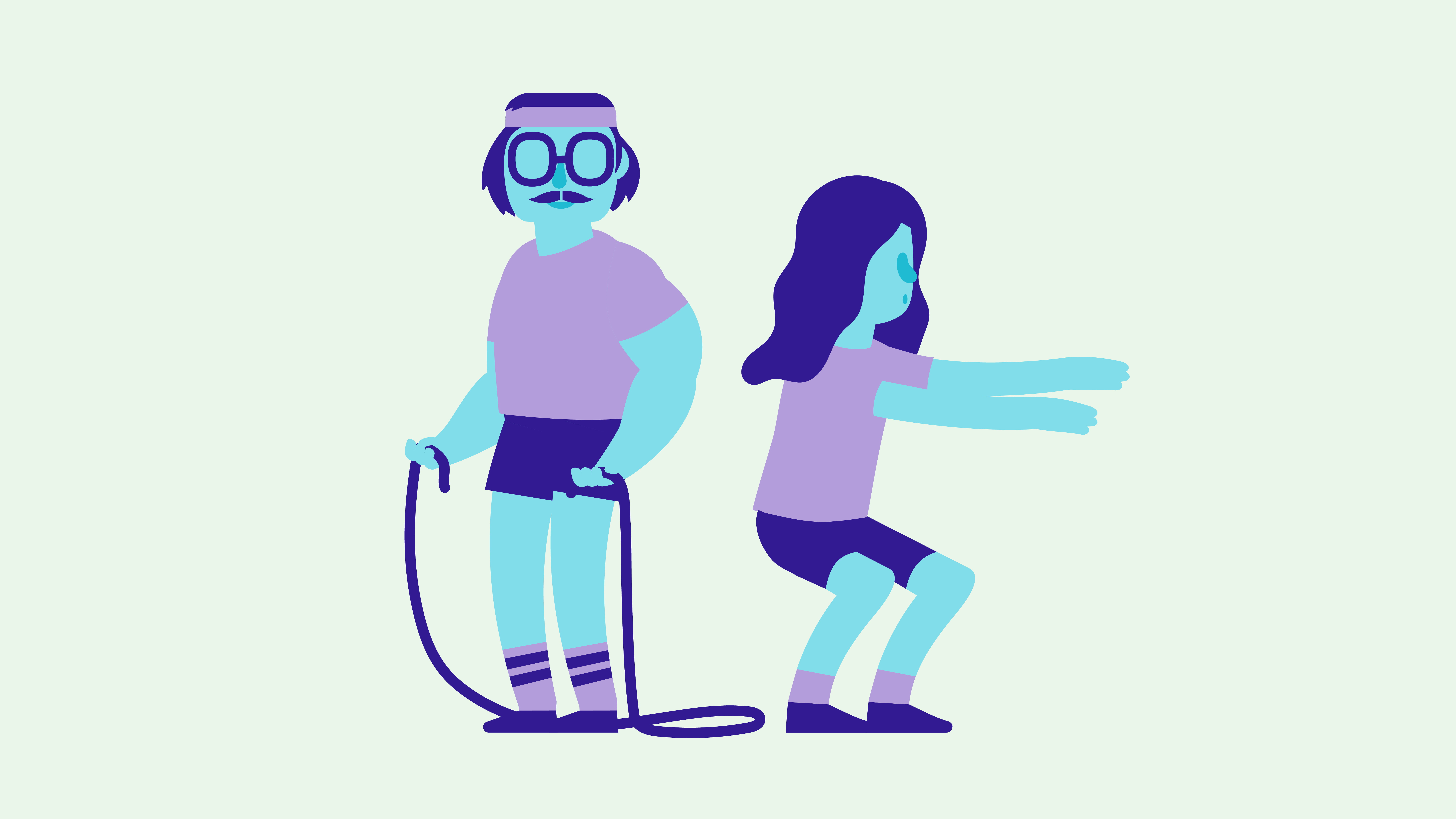 Illustration med två figurer. En med ett hopprep och en som böjer på benen.