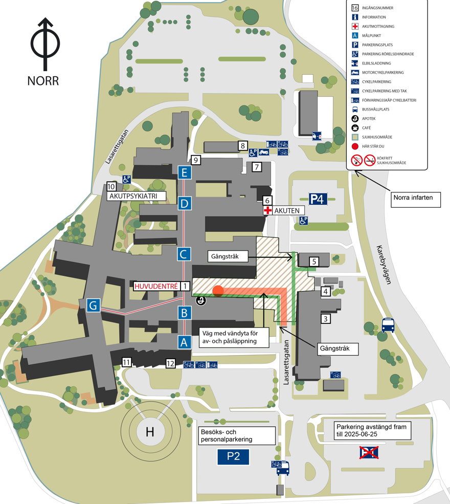 Karta över arbetsområdet vid Kungälvs sjukhus huvudentré