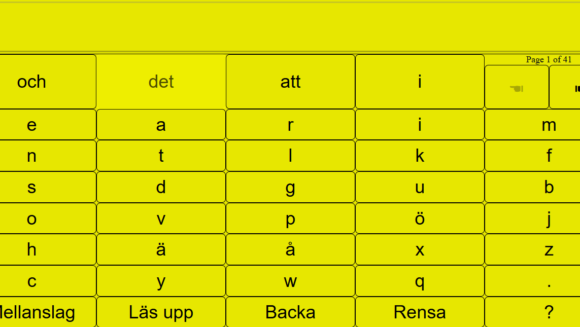 Skärmbild på ett tangentbord med bokstäverna i frekvensordning. Tangentbordet har gul bakgrund och svart text.