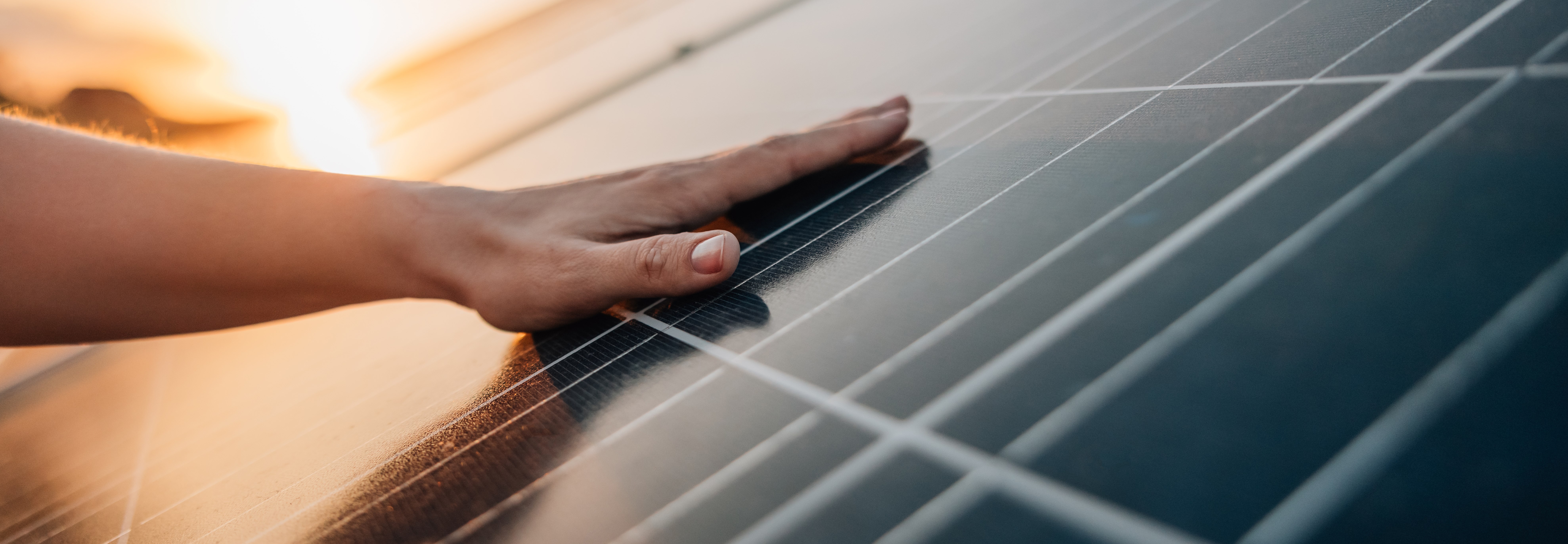 Hand som vilar på solceller med sol i bakgrunden