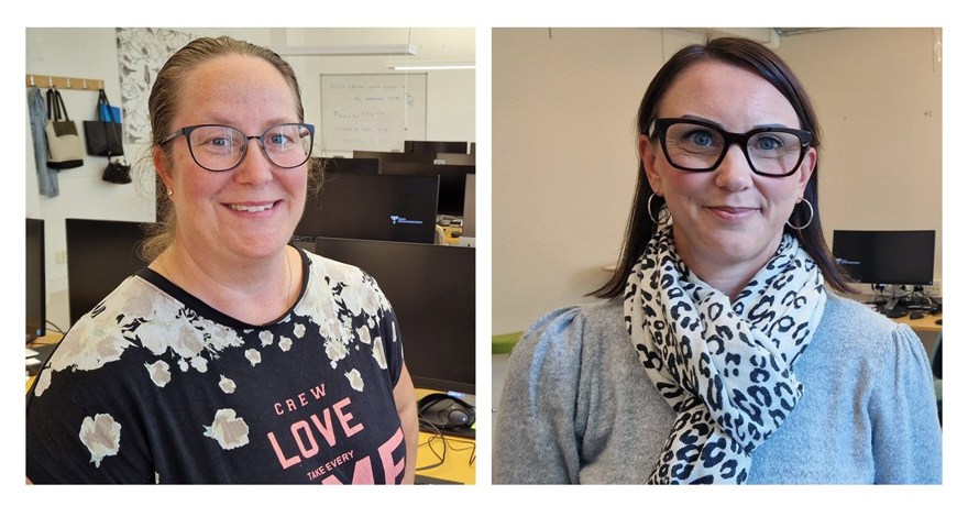 Kollage av porträttbilder på två kvinnor som står i en utbildningslokal framför datorskärmar.