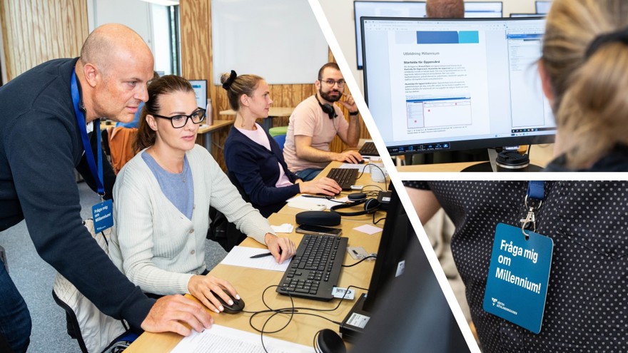 Bildkollage från utbildningssituation. Personer i en sal framför datorskärmar, utbildningen handlar om systemet Millennium.