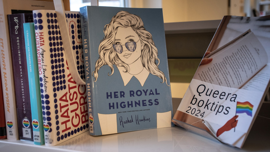 Bokhylla med böcker. Förutom böcker står ett häfte i bokhyllan med rubriken Queera boktips 2024.