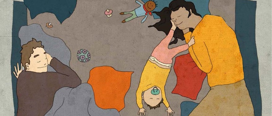 Illustration av två vuxna med ett barn mellan sig; de sover.