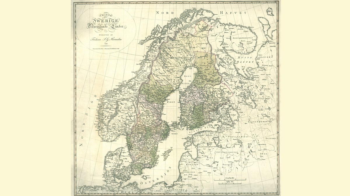 på bilden syns en karta över sverige 1809 när även finland ingick