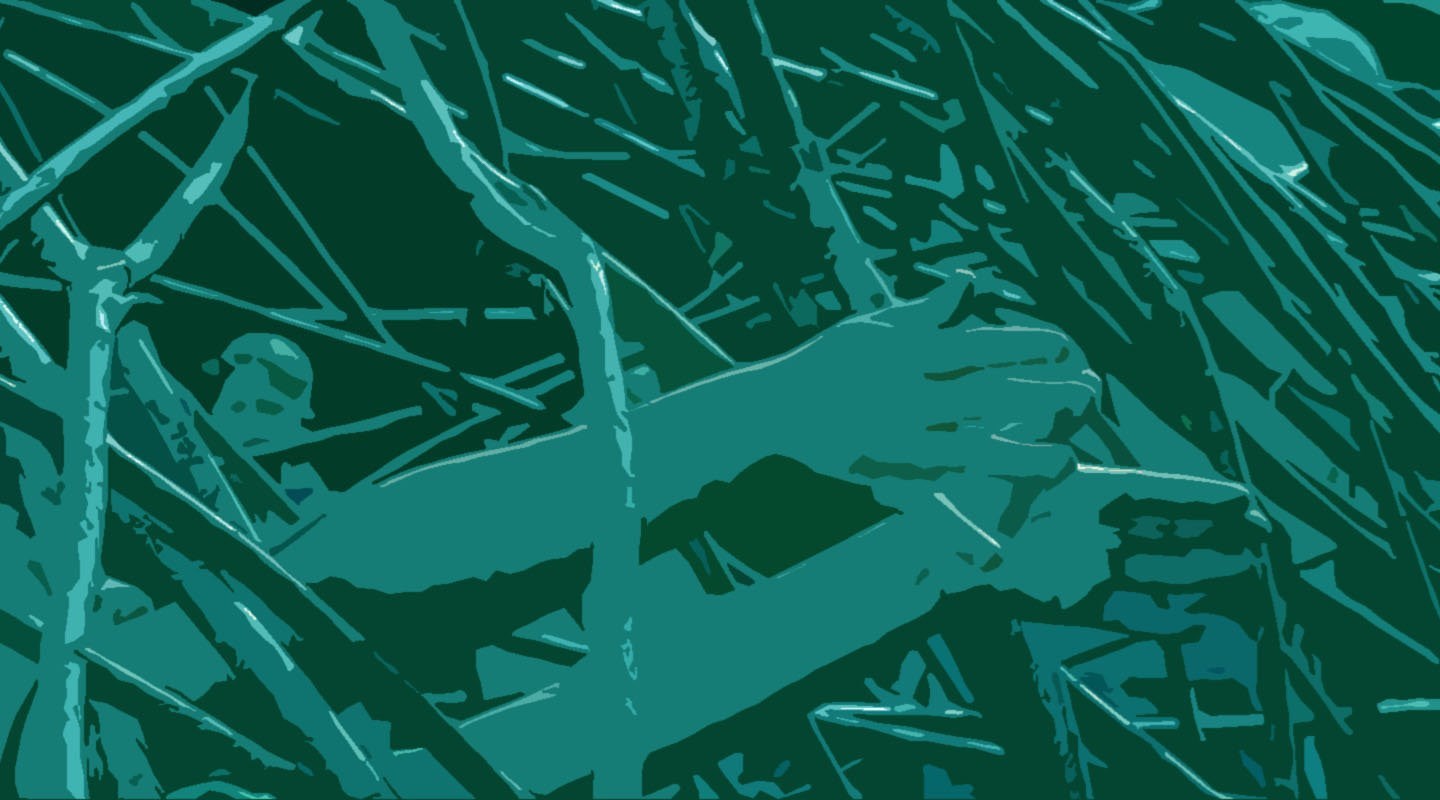 En grön illustration där två händer rör sig i ett flätverk av grenar.