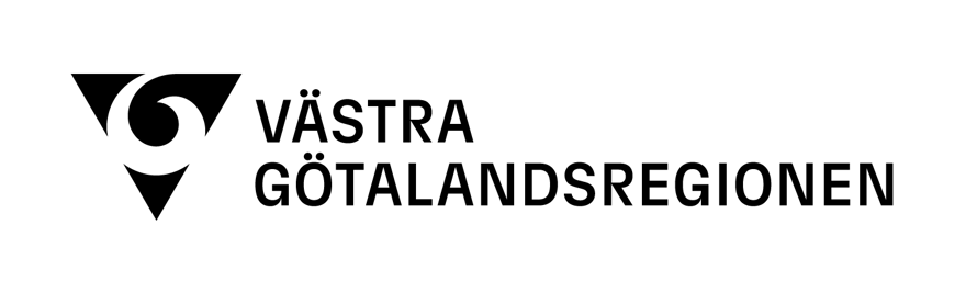 VGR:s logotyp med en symbol med svart trekant som har spetsen nedåt och en våg i mitten samt texten Västra Götalandsregionen bredvid