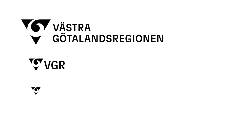 VGR:s logotyp i tre varianter, logotypens symbol är en trekant med våg i mitten. Första varianten är med symbolen och texten Västra Götalandsregionen bredvid, andra varianten är symbolen och texten VGR bredvid, sista varianten är bara symbolen.