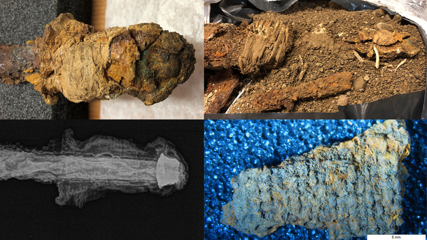 Fyra bilder i en. Överst till vänster detaljbild påsvärdsknappen. Under syns en röntgenbild av samma del av svärdet. Ovan till höger syns resterna av greppet och hjaltet, nedan till höger mikroskopbild av textilfragment.