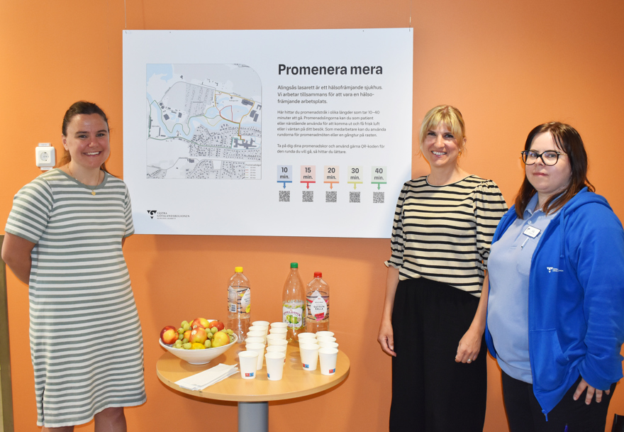 Madeleine Lund, Anna Bernvik och Ida Abrahamsson står framför promenadtavlan. Där finns också ett bord med frukt och cider.
