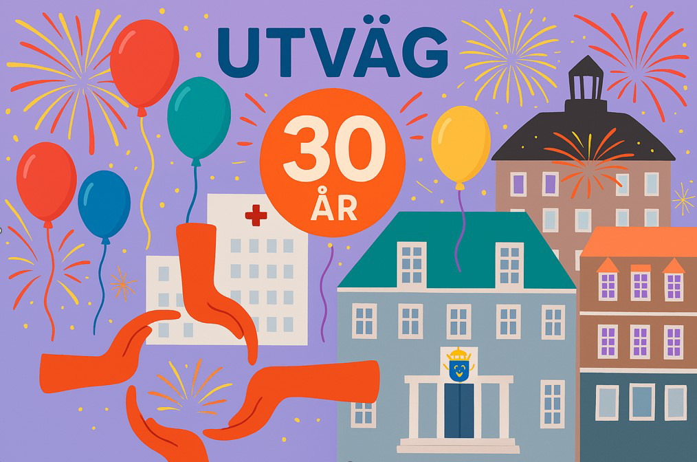 Illustration med byggnader, ballonger och fyrverkerier.