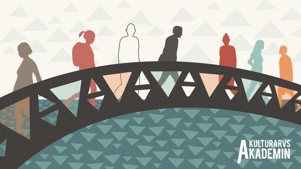 Kulturarvsakademin, siluetter av olika människor i olika färger går över en bro, illustration