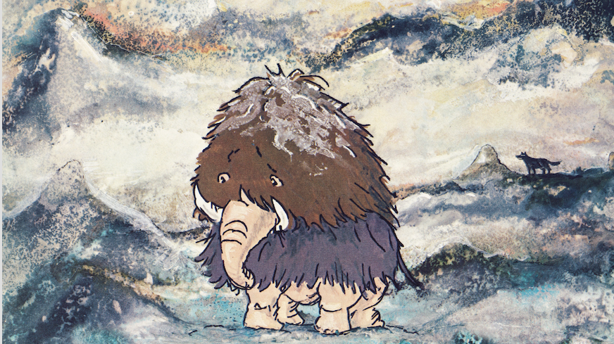 En tecknad mammut i ett kargt vinterlandskap. En varg syns längst upp till höger i bild.