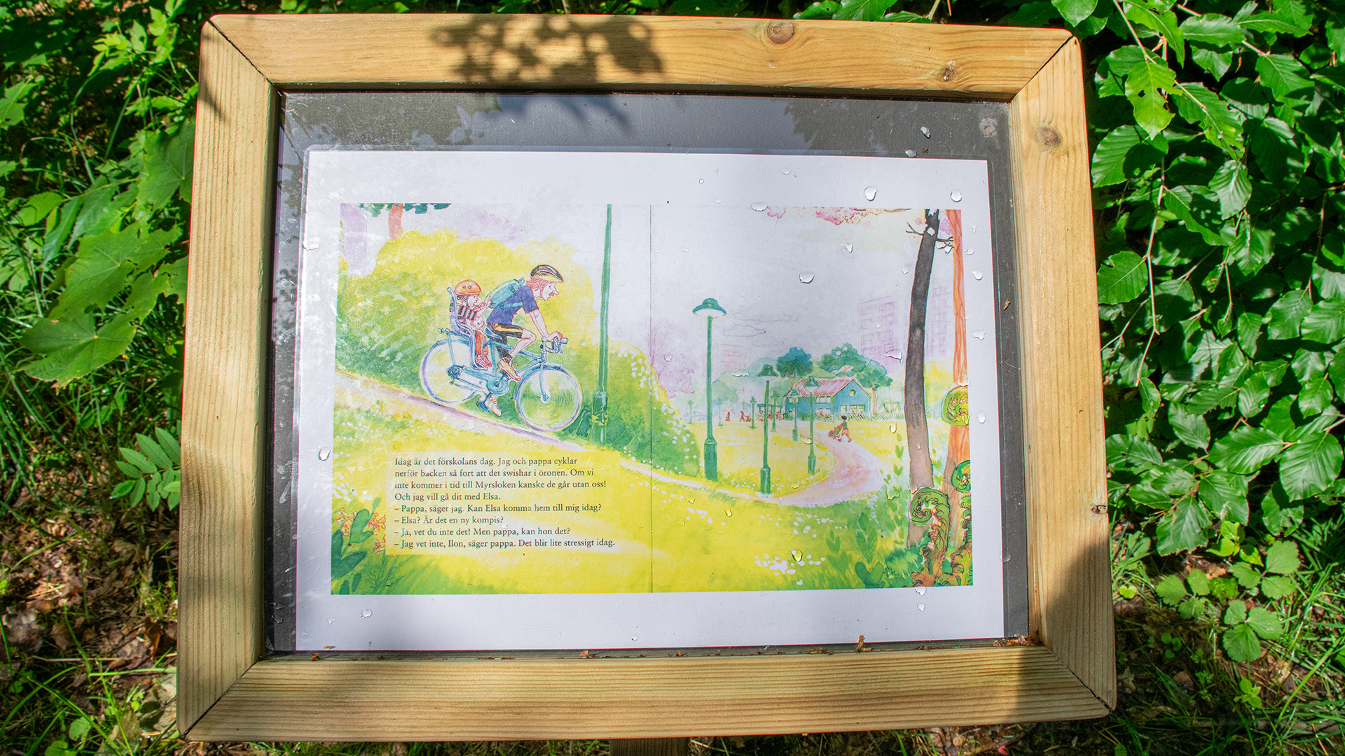 Ett uppslag ur boken Vi rymmer sitter bakom glaset på en skylt. Vattendroppar finns på glasytan, solen skiner på skylten. 