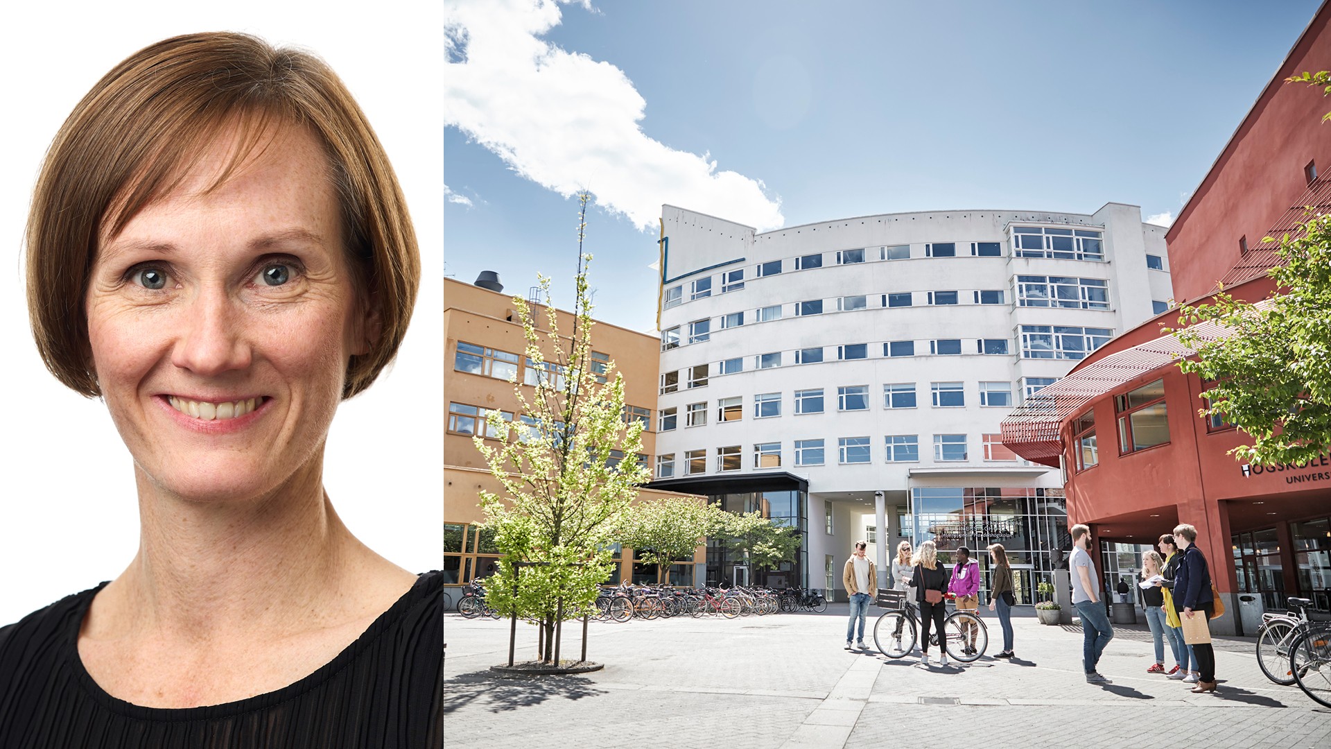 Frida Welander har ljusbrunt rakt hår som är räcker henne något nedanför öronen. Hon är klädd i en svart blus, hon ler och tittar rakt in i kameran. Inklippt finns en bild från Campus Jönköping med tre moderna byggnader, nysatta unga träd och ungdomar ståendes utanför en entré i solskenet. 