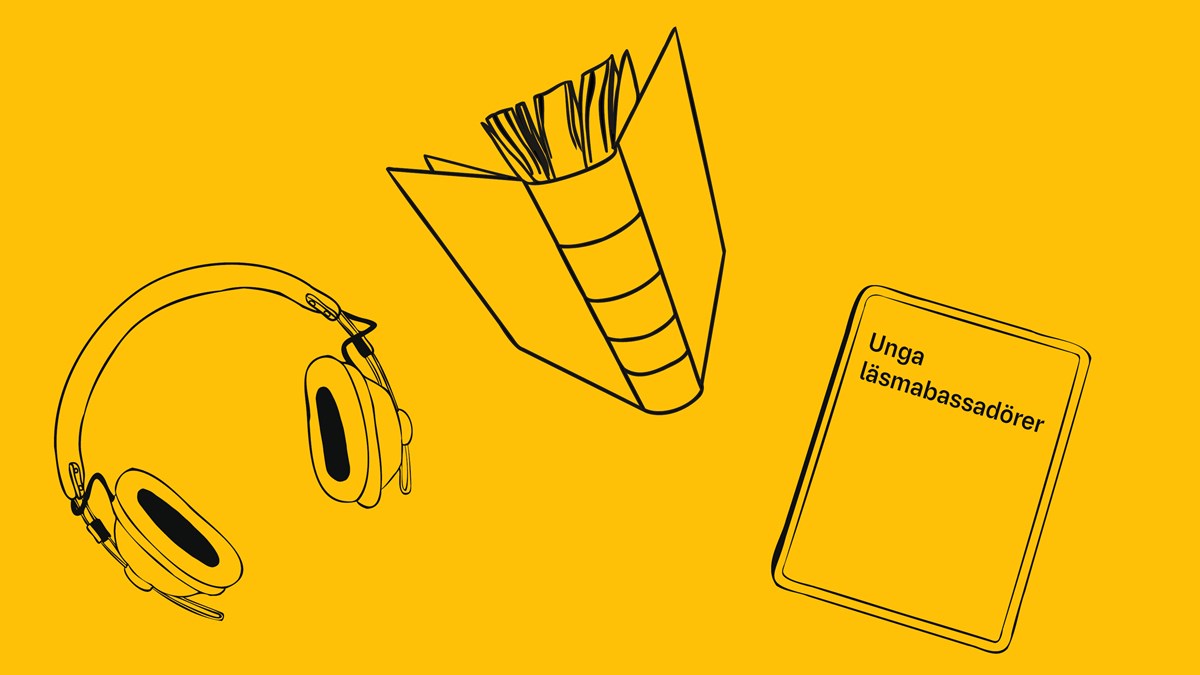 Illustration med hörlurar, bok och läsplatta mot gul bakgrund