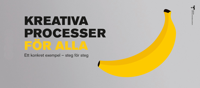 Texten kreativa processer för alla ett konkret exempel - steg för steg mot grå bakgrund. Illustration av banan.