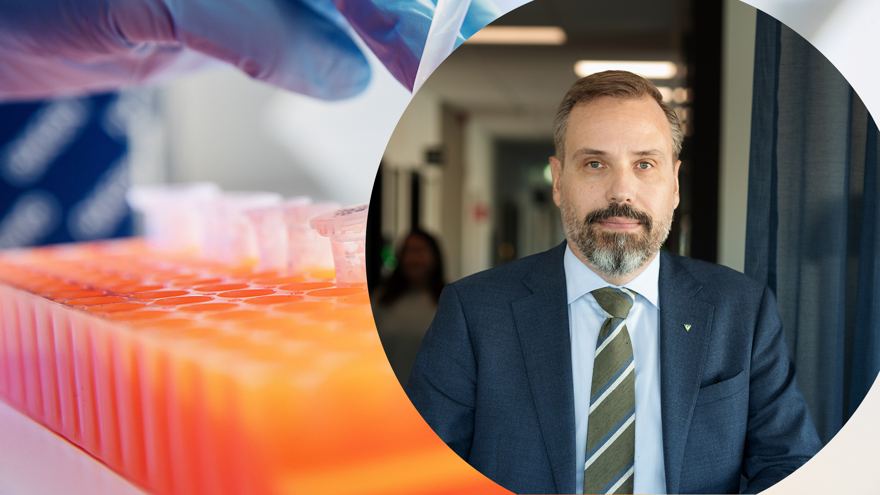 Collagebild med provrör på ett laboratorium och en porträttbild på Håkan Sandahl, regiondirektör.