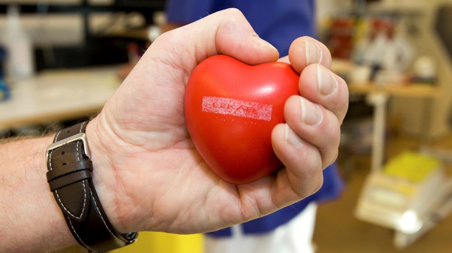 Hand som kramar ett mjukt hjärta av plast