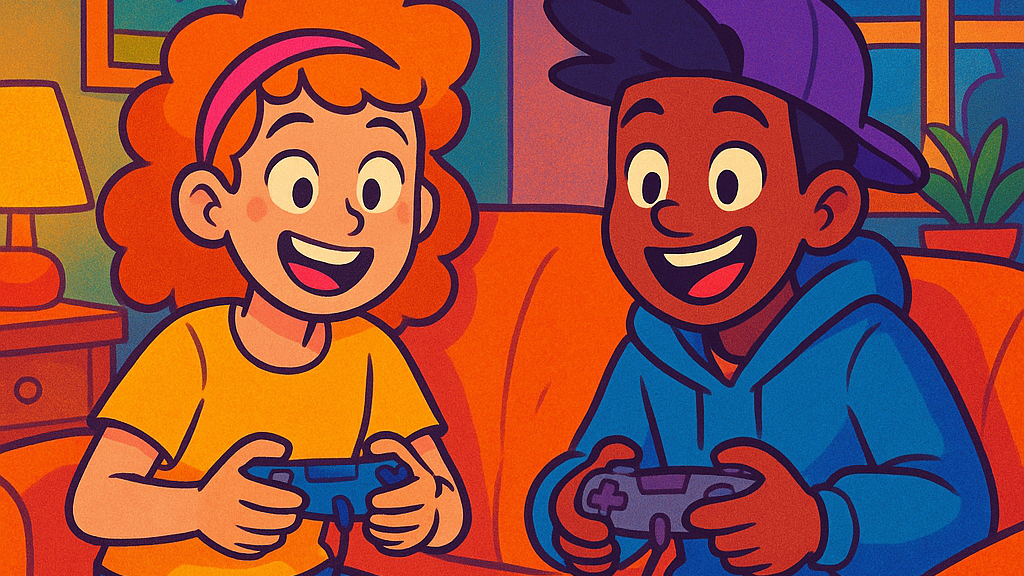 Två tecknade personer som spelar TV-spel