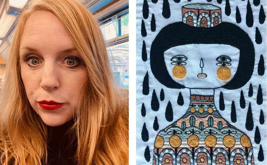 ett foto på en kvinna och en bild på ett broderi föreställande en kvinna med äpplekinder