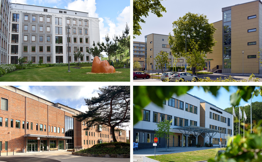 Kollage med exteriörbilder på de fyra sjukhusen