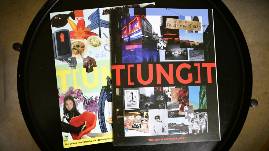 Två nummer av ungdomsmagasinet T(UNG)T ligger på ett bord. Bilden är tagen uppifrån. Framsidorna på tidningarna är fyllda med bilder, som ett kollage.