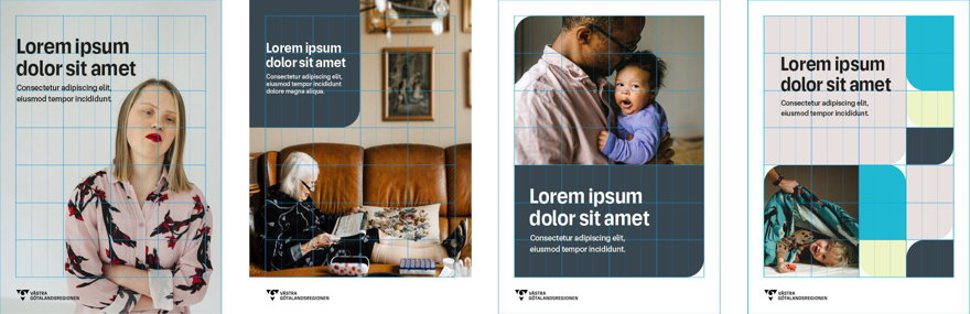 Fyra exempel på hur bild kan placeras i gridsystemet tillsammans med grundformen.