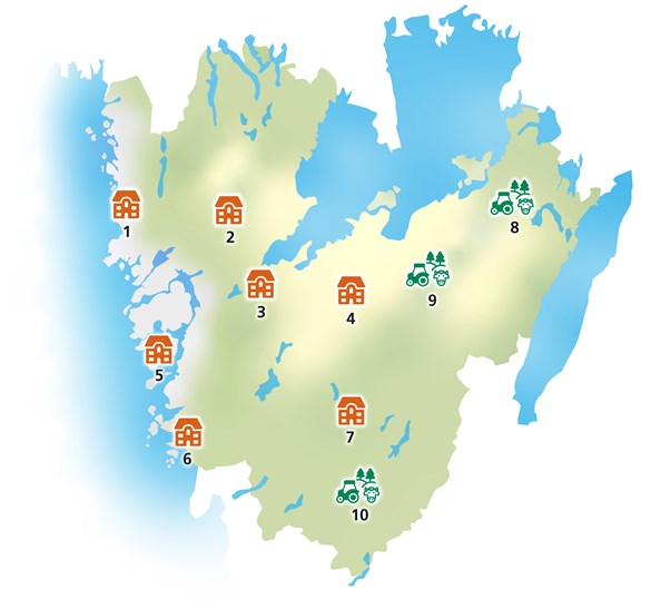 Karta över Västra Götaland med markeringar för platser för utbildningar