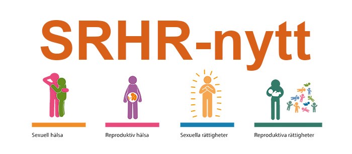 Illustration med texten SRHR-nytt och figurer som symboliserar sexuell och reproduktiv hälsa och rättigheter