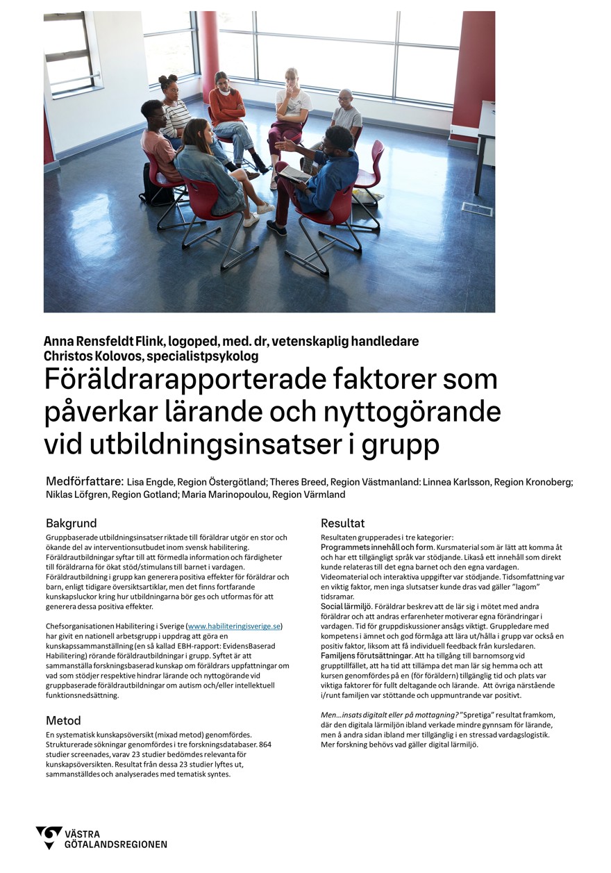 Poster vars innehåll finns i textform på webbsidan. Bild på grupp som sitter i en cirkel och pratar.