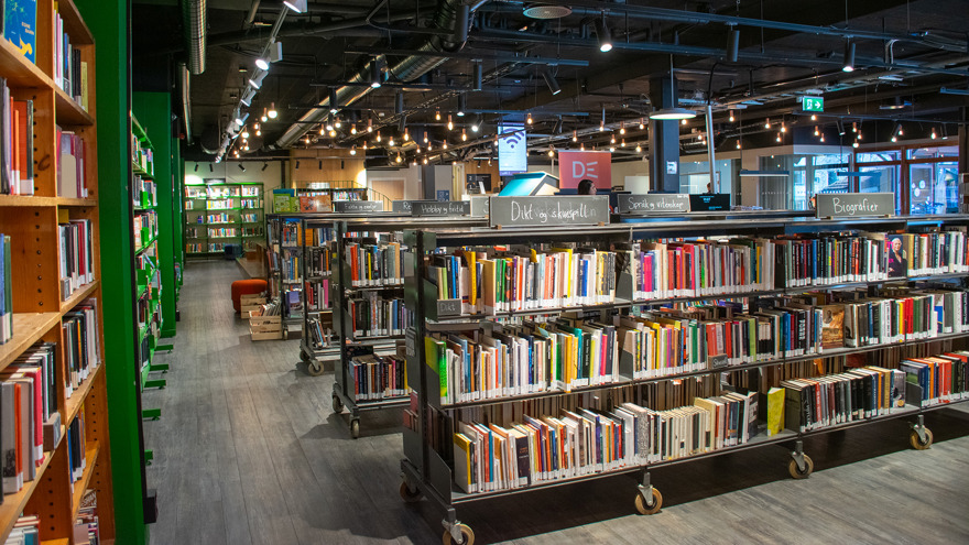 I biblioteksrummet. Bokhyllorna längs med väggen är målade i en grön färg. Hyllorna i rummet är alla låga för att ge en bra överblick, på varje hylla står en skylt, en svart tavla där man skrivit vilken genre av böcker man hittar på hyllan. I taket hänger små spotlights och ventilationsrören är synliga.