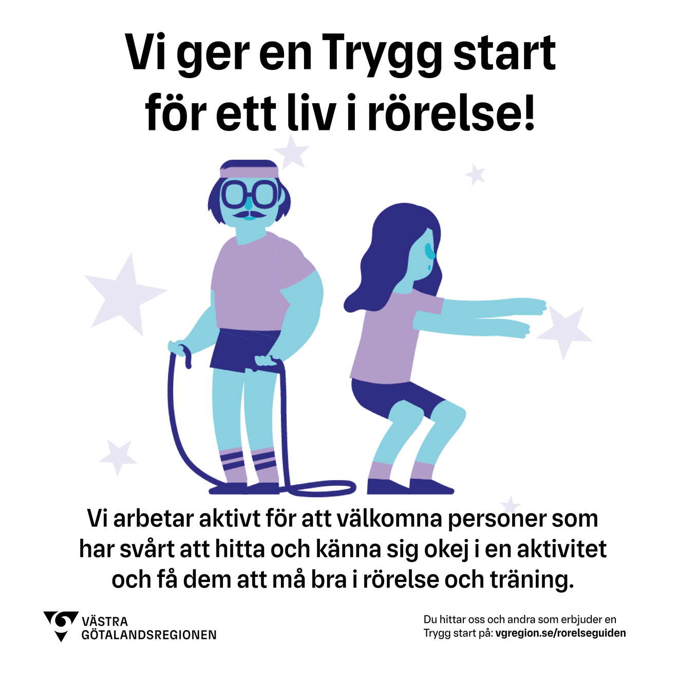 Kvadrat bild Trygg start med lång text. Vit bakgrund.