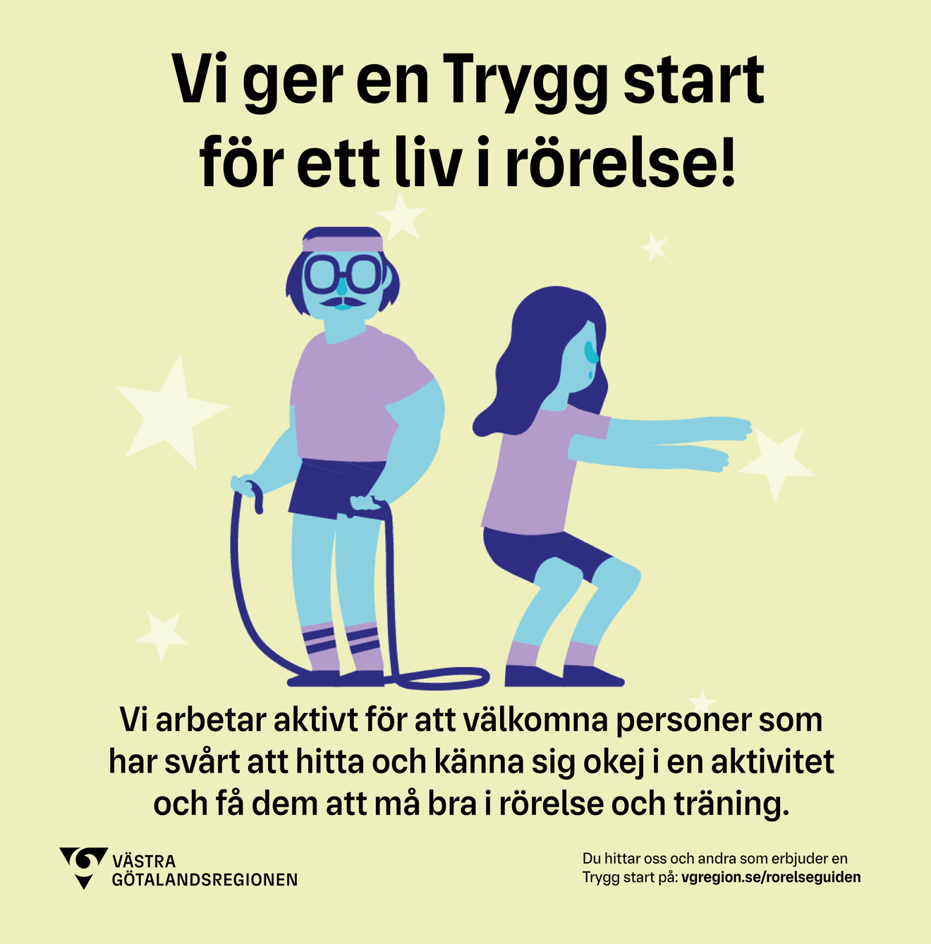 Kvadrat bild Trygg start med lång text. Grön bakgrund.