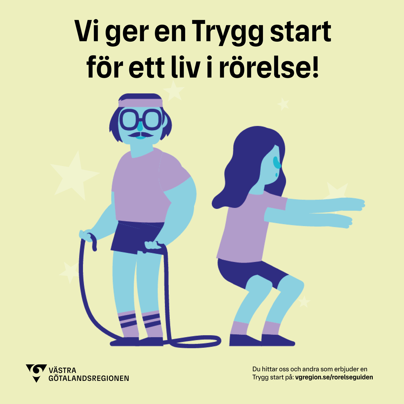 Kvadrat bild Trygg start med kort text. Grön bakgrund.