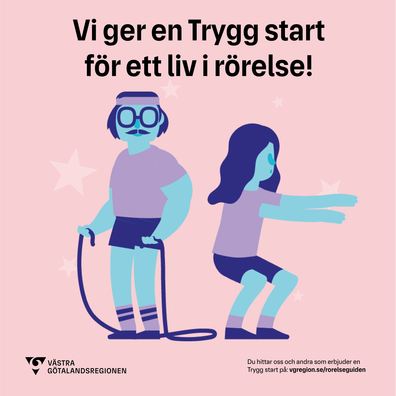 Kvadrat bild Trygg start med kort text. Rosa bakgrund.