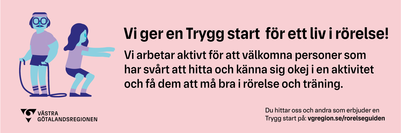 Avlång bild Trygg start med lång text. Rosa bakgrund.