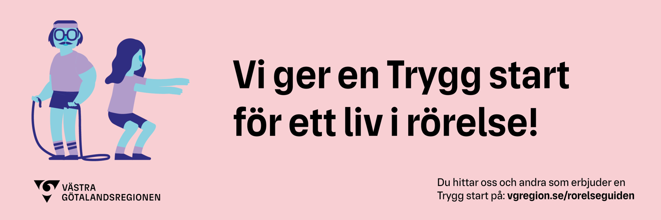 Avlång bild Trygg start med kort text. Rosa bakgrund.
