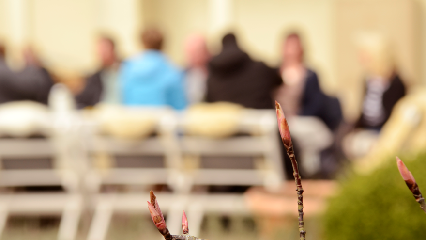 Samtal i grupp på Gröna Rehabs uteplats