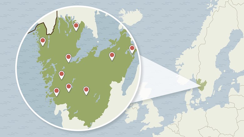 En karta över Västra Götalandsregionen där förvaltningens besöksadresser är utpekade med kartnålar.
