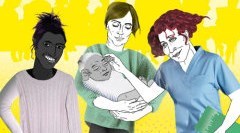 Illustration föräldrar med bebis möter vårdmedarbetare som klappar barnet på huvudet.