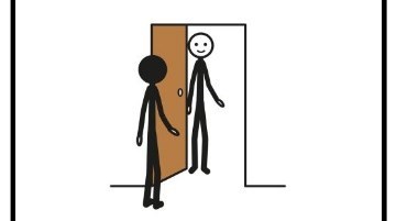 En person som välkomnar en annan person i en dörr