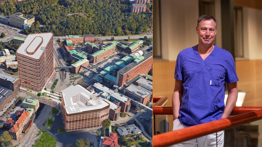 Bildcollage med en översiktsbild över Sahlgrenska Universitetssjukhuset och de planerade nybyggena samt ett foto på man i blå sjukhuskläder.