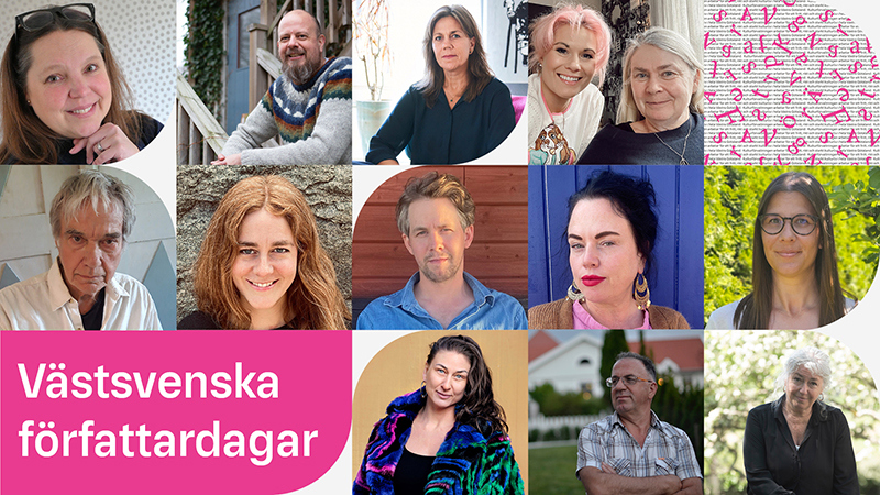 Samlade porträttbilder av de medverkande till Västsvenska författardagar. I nedersta hörnet till vänster står titeln Västsvenska författardagar