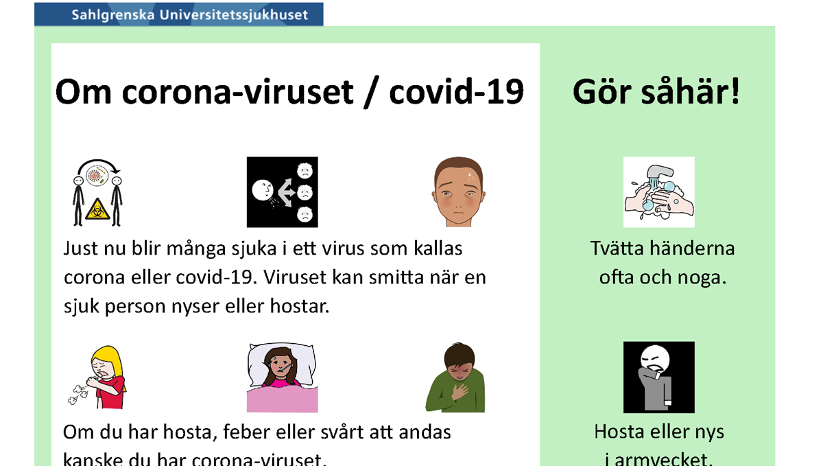 Ett dokument med grön och vit bakgrund, rubriken Om coronaviruset och åtta små bilder med tillhörande text