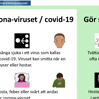 Ett dokument med grön och vit bakgrund, rubriken Om coronaviruset och åtta små bilder med tillhörande text